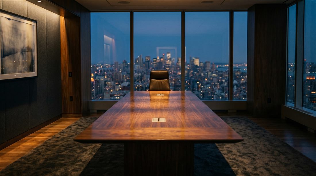 An empty executive boardroom with a city skyline at dusk