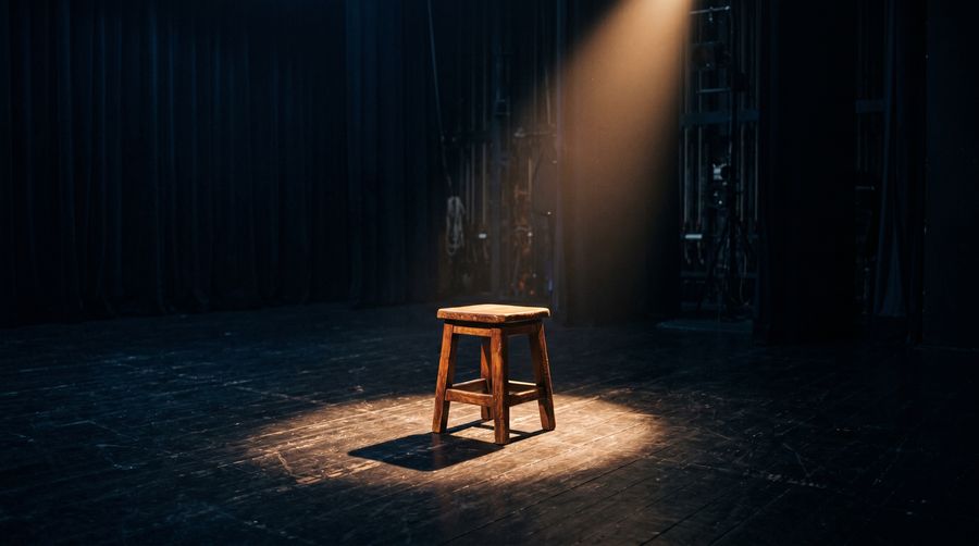 Empty wooden stool under a warm spotlight on a dark stage