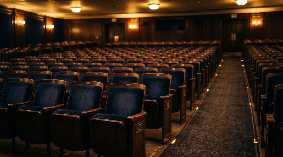 Rows of empty navy auditorium seats in warm light
