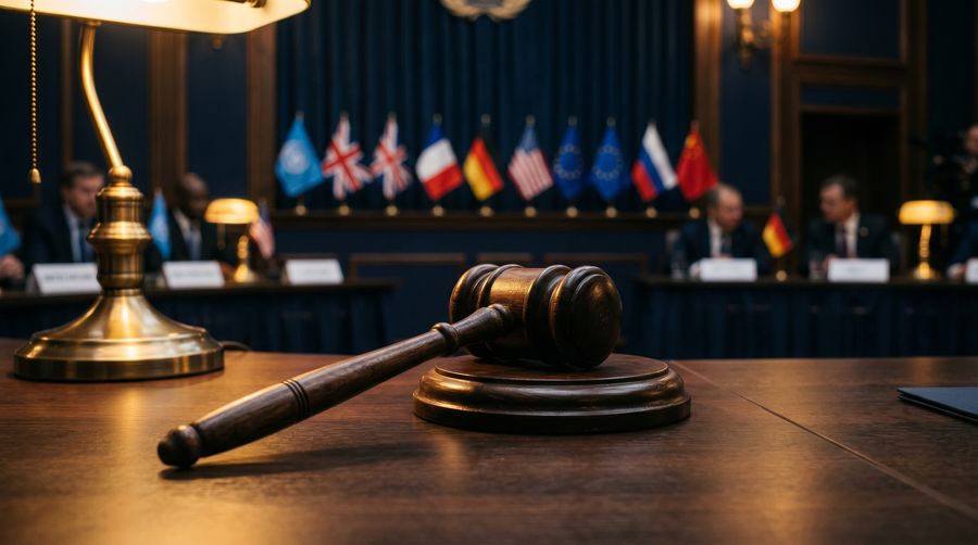 A wooden gavel and country flags in a conference chamber