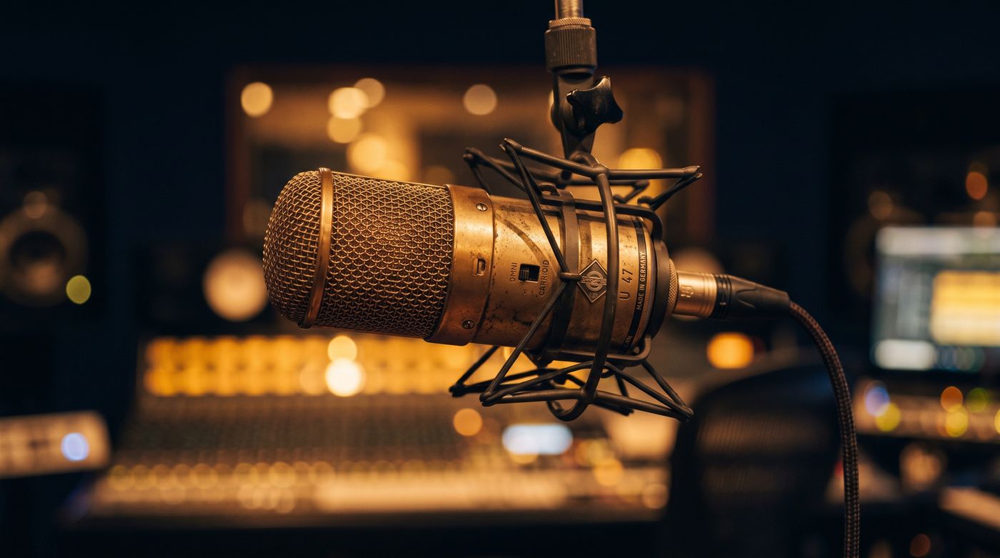 Vintage brass studio microphone in warm light